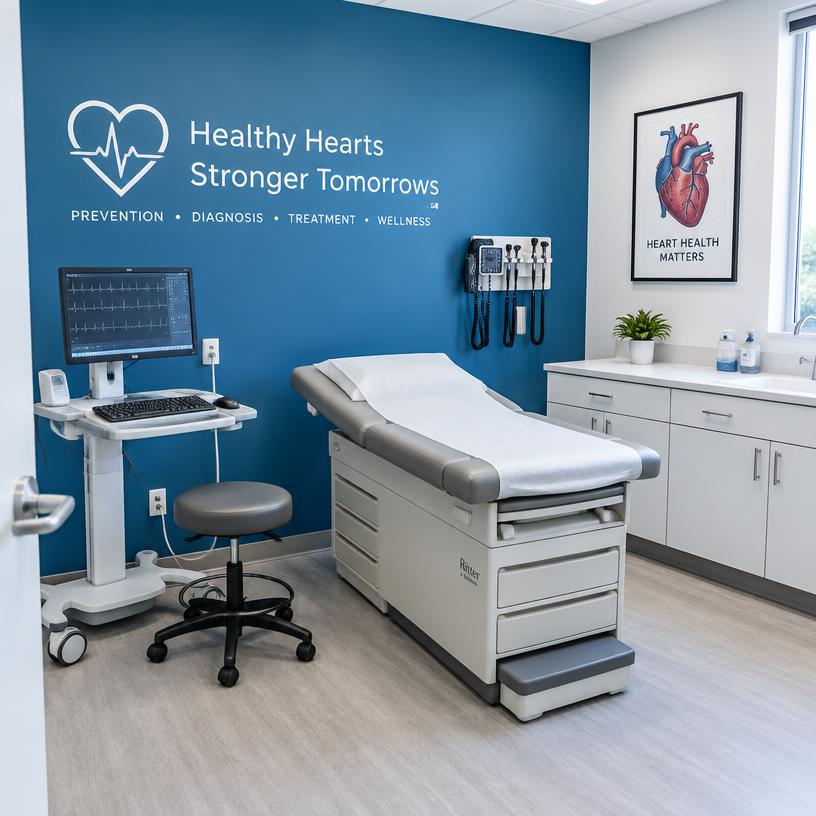 Heart health cardiology office with blue wall