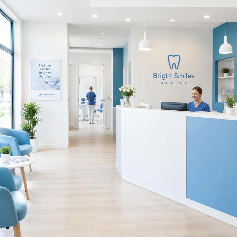 Modern dental clinic reception with blue accents