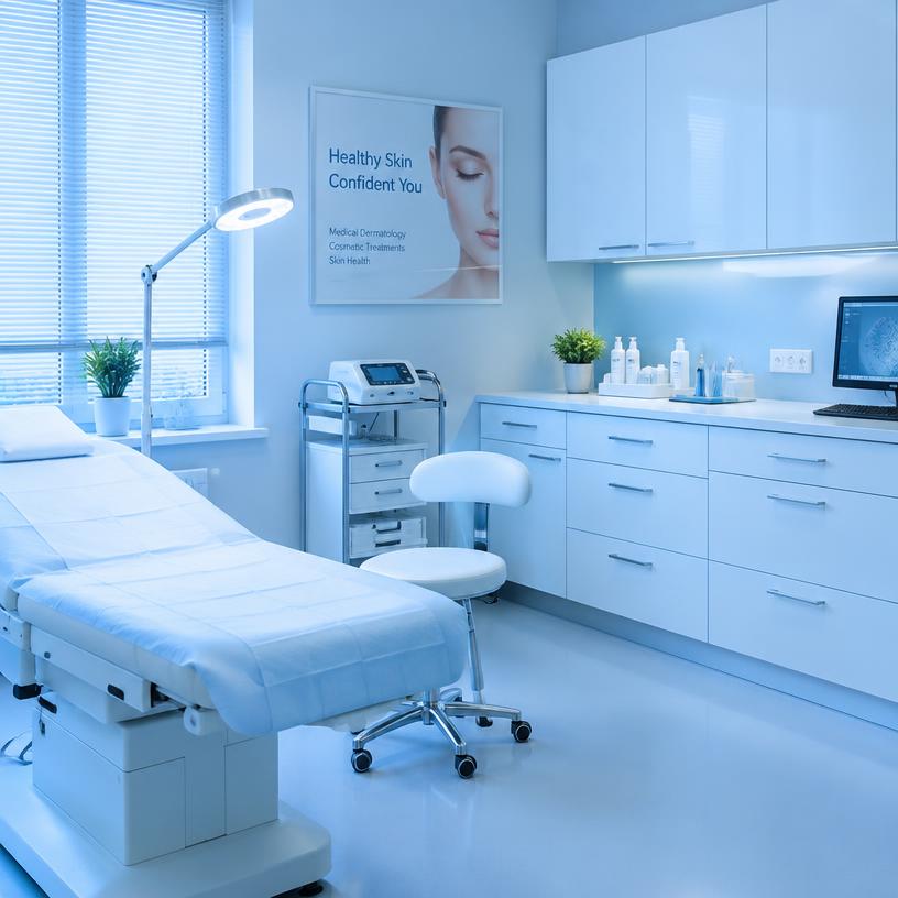 Modern orthopaedic clinic interior with soft blue light